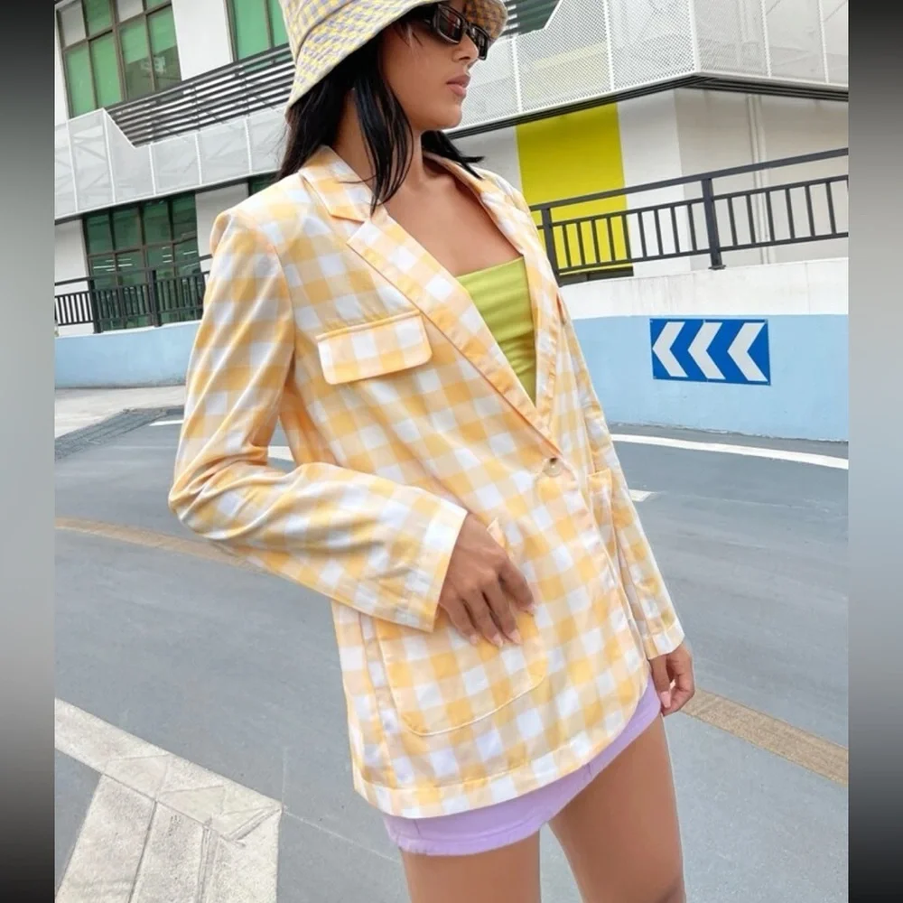 SHEIN Women's | Yellow & White Gigham Single-Breasted Blazer, sz m NWoT - Picture 2 of 16